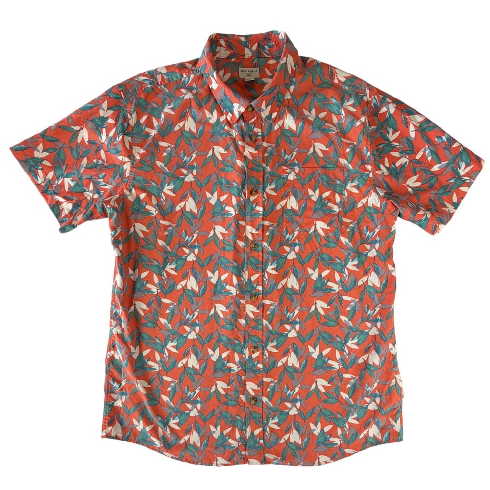 Jack O'Neill Mens‎ XL Standard Fit Short Sleeve Tropical Leaf Print Shirt Orange - Picture 2 of 4